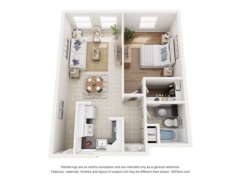 A 3D floor plan of a small apartment with a kitchen, living room, and bathroom.